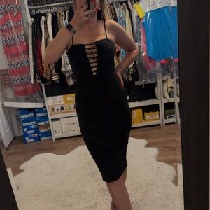 Blanc Faux Suede Cut Out Lace-Up Midi Dress with Slit